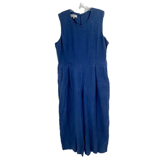 Hobbs London Blue Linen Wide Leg Jumpsuit Sleeveless Sz US 12 Pockets - Picture 1 of 4